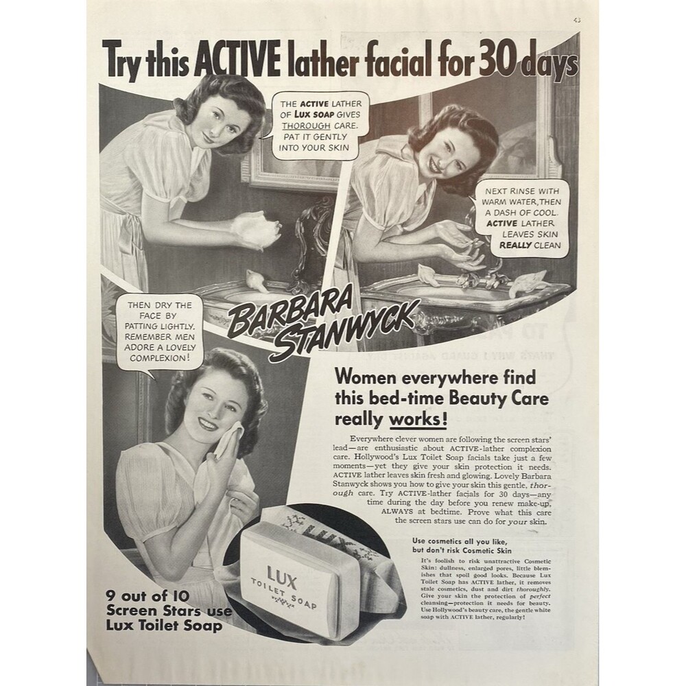 LUX Toilet Soap "Barbara Stanwyck: Men Adore a Lovely Complexion" Print Ad 1940